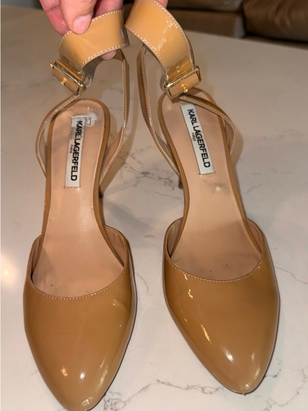 Karl Lagerfeld Tan Patent Leather Pointed-Toe ankle strap Heels